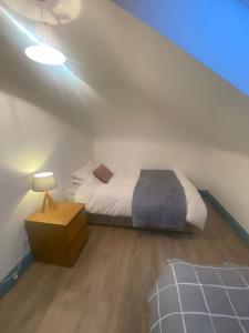 a bedroom with a bed and a nightstand with a light at Island View Apartment in Droíchead an Chláir