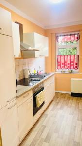 una cocina con electrodomésticos blancos y una ventana en Berzi Ferienwohnung 001 Görlitz, en Markersdorf