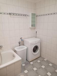 a bathroom with a washing machine and a toilet at Zum Senckenberg in Görlitz