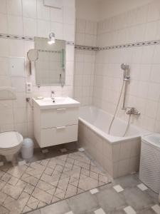a bathroom with a tub and a sink and a toilet at Zum Senckenberg in Görlitz