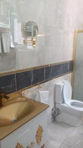 y baño con aseo, lavabo y espejo. en Fetih Suite Home A1 en Estambul