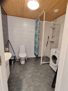 La salle de bains est pourvue de toilettes et d'un lave-linge. dans l'établissement Kotimaailma - Tyylikäs 3MH asunto Espoossa, à Espoo