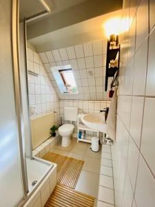 a small bathroom with a toilet and a sink at Schöner schlafen im nächsten UNESCO Welterbe-Sauna in Ludwigslust