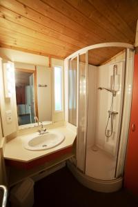 a bathroom with a sink and a shower at Le Pas de L'Ours in Aston