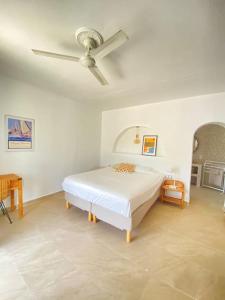 La Finca de Véro في بارباتي: غرفة نوم بسرير ومروحة سقف