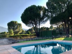 una piscina en un patio con árboles en Casa Valdesanmartin - Country House, 10500sqm, Pool, Paddel & Bbq, en El Tiemblo