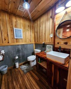 Unique Country Cabin Meets Farmhouse Modern!!! في مينا: حمام خشبي مع حوض ومرحاض