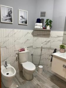 Appartement moderne et spacieux au coeur de Tanger في طنجة: حمام مع مرحاض ومغسلة