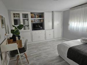 Un dormitorio con una cama, un escritorio y una silla. en Increíble Apartamento de lujo en Triana, en Sevilla