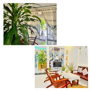 Pokój ze stołem, krzesłami i roślinami w obiekcie Sisters w mieście La Gi
