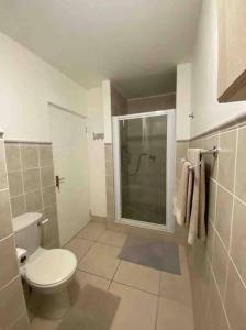 a bathroom with a toilet and a shower in it at Unobstructed sea view gem (1 Spindrift) in St Francis Bay