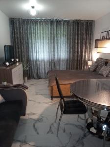 a living room with a bed and a table at Apartament Bieszczadzka A 8 Lesko in Lesko