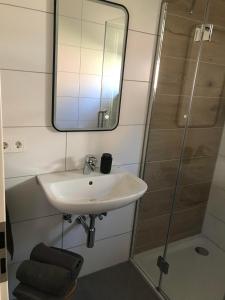 a bathroom with a sink and a shower with a mirror at FeWo Hafenkoje am Timmeler Meer in Großefehn in Timmel