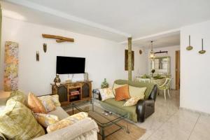 sala de estar con 2 sofás y TV en Casa con jardin, en Tacoronte