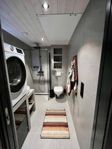 bagno con lavatrice e servizi igienici di New and modern apartment in Henningsvær a Henningsvær