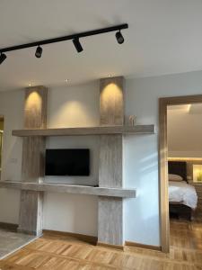 a living room with a tv on a wall at Apartmani Ristanović in Zlatibor