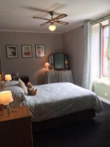 una camera da letto con due letti e un ventilatore a soffitto di Sourdevalle a Burcy