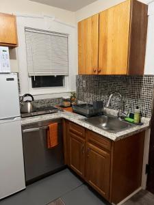 eine Küche mit einer Spüle und einem Kühlschrank in der Unterkunft Victorian Palace- Mahogany Room in East Orange