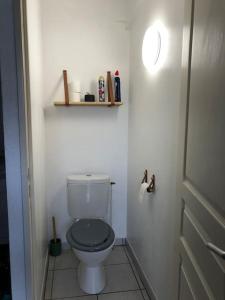 a bathroom with a toilet and a shelf on the wall at A deux pas du port, jolie maison redécorée in La Teste-de-Buch +16 photos