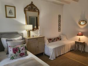 a bedroom with two beds and a mirror at La Closeraie Saint-Girons Le Gîte in Saint-Girons-dʼAiguevives
