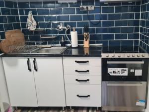 a small kitchen with a sink and a stove at Hookah Apartment 13 in Budapest