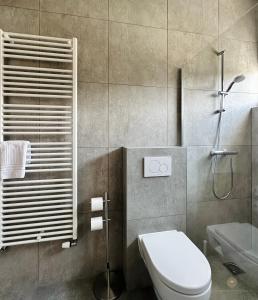 La salle de bains est pourvue d'une douche et de toilettes. dans l'établissement -Casa Nova- nabij het meer, duinen en restaurants, à Noordwijkerhout