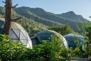 grupa trzech namiotów kopułowych z górami w tle w obiekcie Lusso Glamping Bodrum w Bodrum