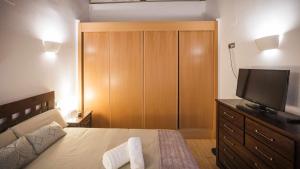 1 dormitorio con 1 cama con TV y armario de madera en Apartamento Alfileritos 14 by Toledo AP en Toledo