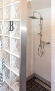 een douche in een badkamer met een glazen wand bij Bed and Breakfast Lindershoeve Bergeijk in Bergeijk