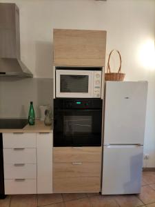 La cuisine est équipée d'un four micro-ondes blanc et d'un réfrigérateur. dans l'établissement Entre Voyages et Occitanie, à Vers-Pont-du-Gard