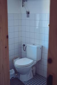 a bathroom with a white toilet in a room at Chalúpka na konci in Banská Štiavnica