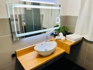 a bathroom with a sink and a large mirror at CASA CON GIARDINO NETFLIX E SERVIZIO RISTORAZIONE - 10 minuti da Torino in Volvera