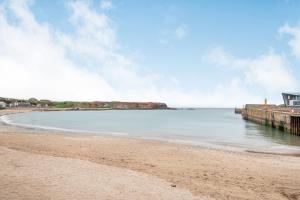 a view of a beach with a pier at 5 West Winds in Eyemouth