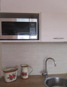 um balcão de cozinha com um micro-ondas por cima de um lavatório em Słoneczna Villa em Mrągowo
