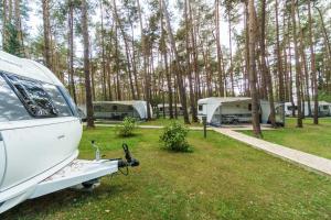 Urlaub im Wohnwagen mitten im Wald في Lütow: سيارة فان بيضاء متوقفة أمام خيمتين