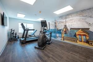 a gym with tread machines and a wall mural at Independence Stay Hotel and Long term suites in Houghton