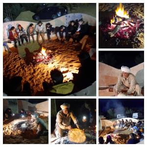 a collage of pictures of people sitting around a fire at L'Oasis in Ksar Ghilane