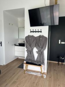 a living room with a tv and a chair at Suite romantique avec Spa et filet suspendu in Auteuil