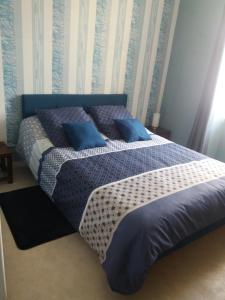 Le VigeantにあるGite les genêtsのベッドルーム(青い枕のベッド1台付)