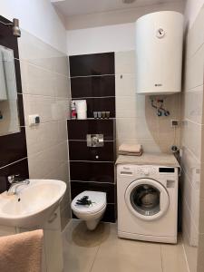 a bathroom with a washing machine and a sink at Look of Dreams - Apartament Milowice in Sosnowiec