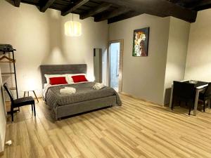 a bedroom with a bed with red pillows and a table at LE TORRI Loft Apartment in Fossano