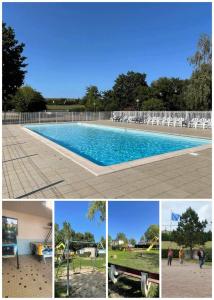 een collage van vier foto's van een zwembad bij Location Mobil home 4/6 personnes camping avec piscine 1,5km de la plage Saint-Pair-sur-Mer en Basse Normandie (Sud manche) 35km du Mont saint-Michel in Saint-Pair-sur-Mer