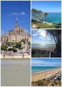 een collage van foto's van een gebouw op een strand bij Location Mobil home 4/6 personnes camping avec piscine 1,5km de la plage Saint-Pair-sur-Mer en Basse Normandie (Sud manche) 35km du Mont saint-Michel in Saint-Pair-sur-Mer