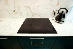 a black tea kettle sitting on a kitchen counter at Apartament BOTANIQ #free parking in Bydgoszcz