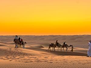 Shāhiq的住宿－Desert Private Camps - Private Bedouin Tent，一群人在沙漠骑骆驼