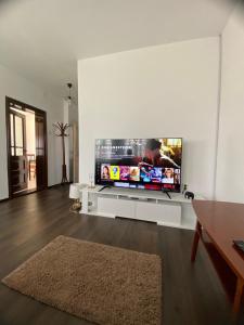 een woonkamer met een grote flatscreen-tv aan de muur bij Casa Eroilor in Curtea de Argeş