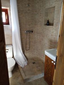 a bathroom with a shower and a toilet and a sink at Garsonka u pivovaru, centrum Rožnov in Rožnov pod Radhoštěm +9 photos