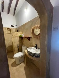 a bathroom with a white toilet and a sink at Vanilla House in Jambiani