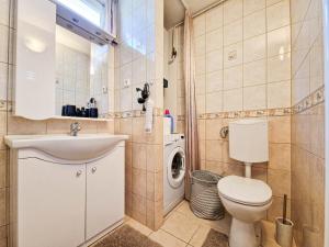 a bathroom with a toilet sink and a washing machine at Lepke Apartman in Harkány