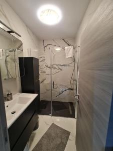 a bathroom with a shower and a sink and a mirror at Mias luxury spa apartment in Rijeka